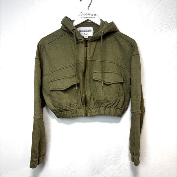 Reserve Fairfax Hoodie Cropped Army Green Pullover Sweatshirt Long Sleeve Women - Picture 1 of 6